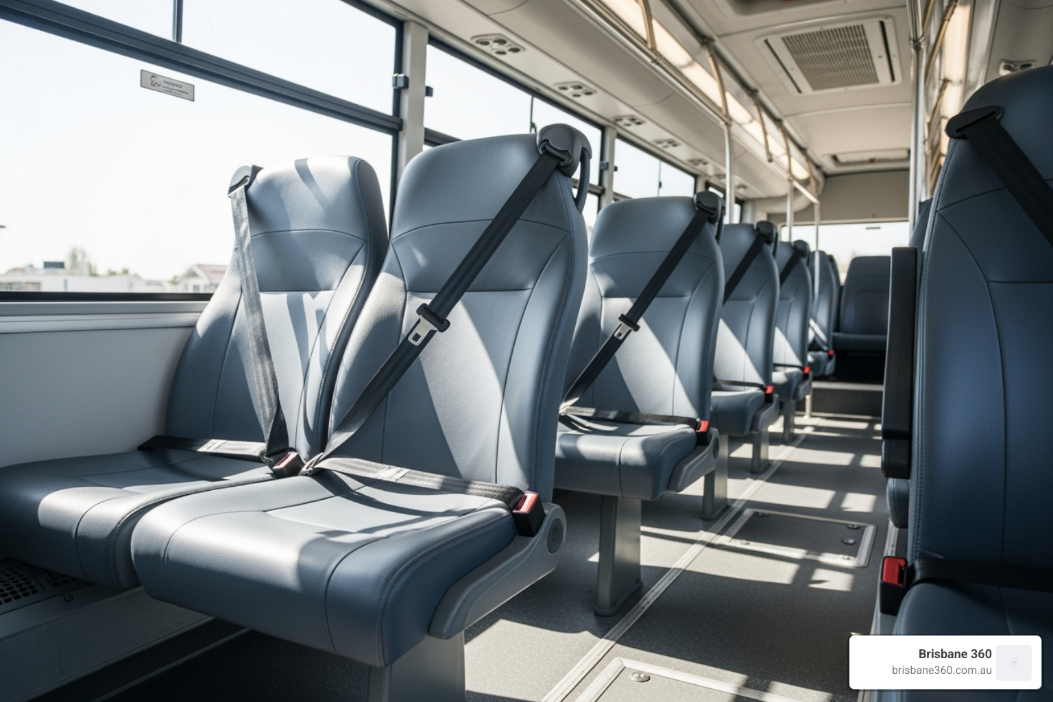 Image of the clean interior of a coach, with a focus on the lap-sash seatbelts on every seat. - reliable bus company