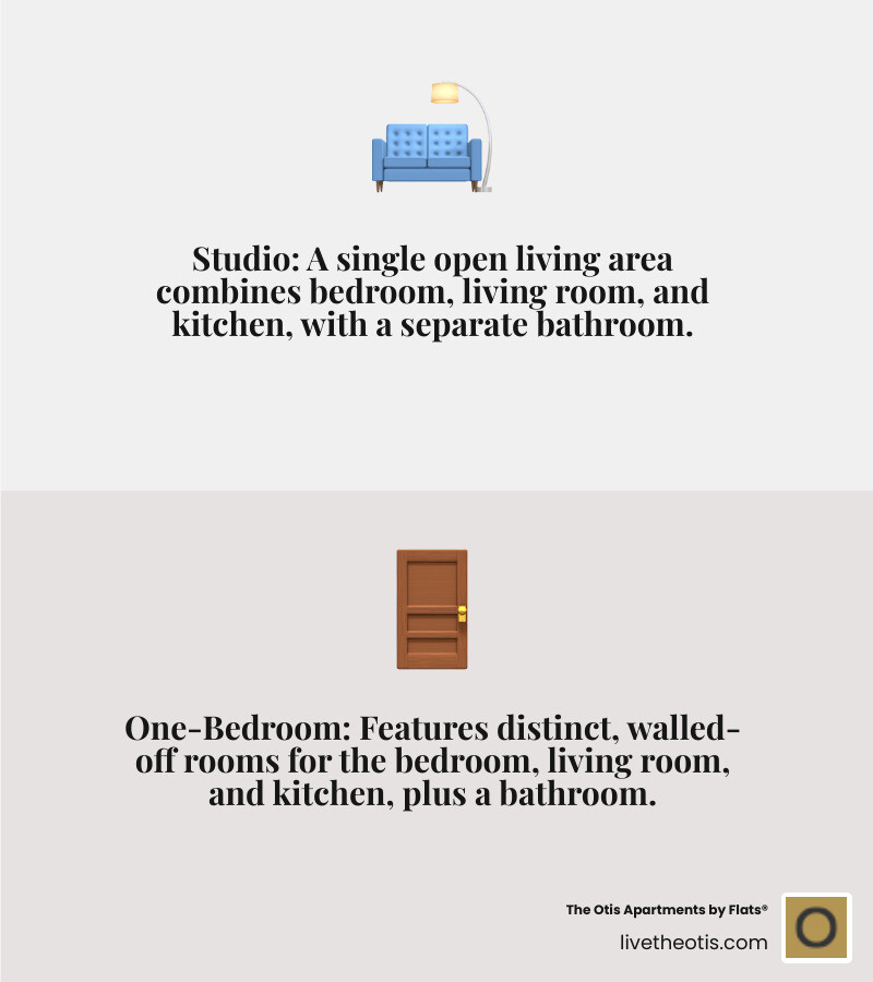 Infographic showing studio apartment layout with living, sleeping, and kitchen areas in one open space, compared to a one-bedroom apartment with separate rooms divided by walls, highlighting space efficiency and design flexibility - Studio apartment benefits infographic 2_facts_emoji_grey