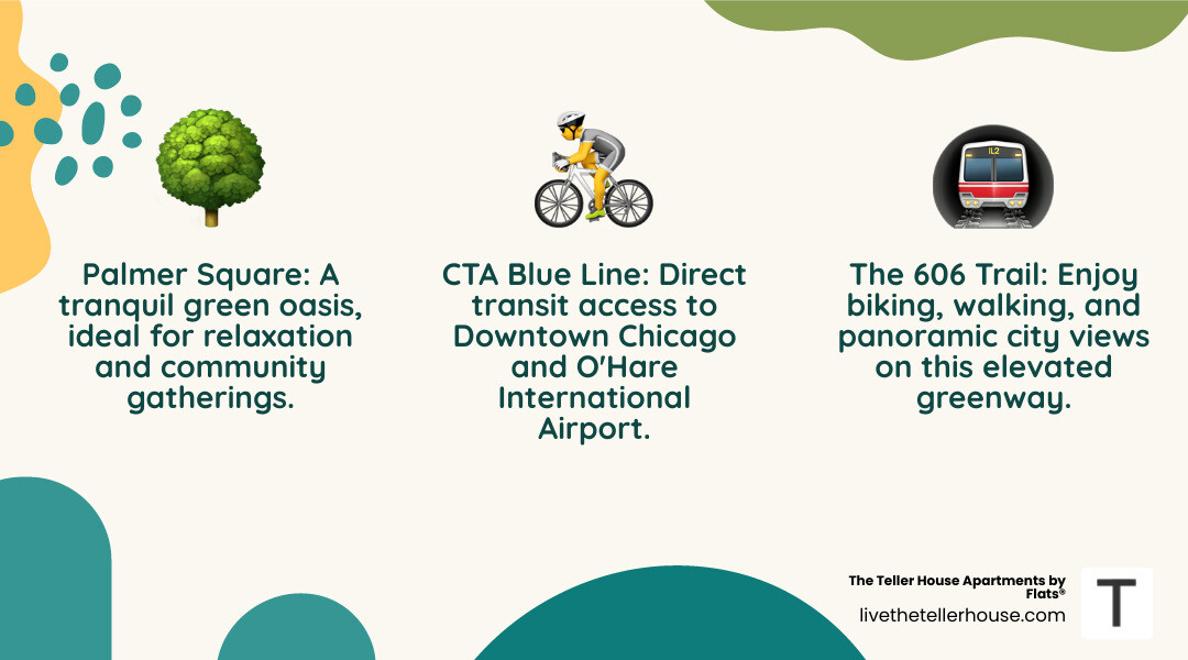 map of Logan Square highlighting key locations like Palmer Square, The 606, and the CTA Blue Line stops - apartments for rent near logan square chicago infographic 3_facts_emoji_nature