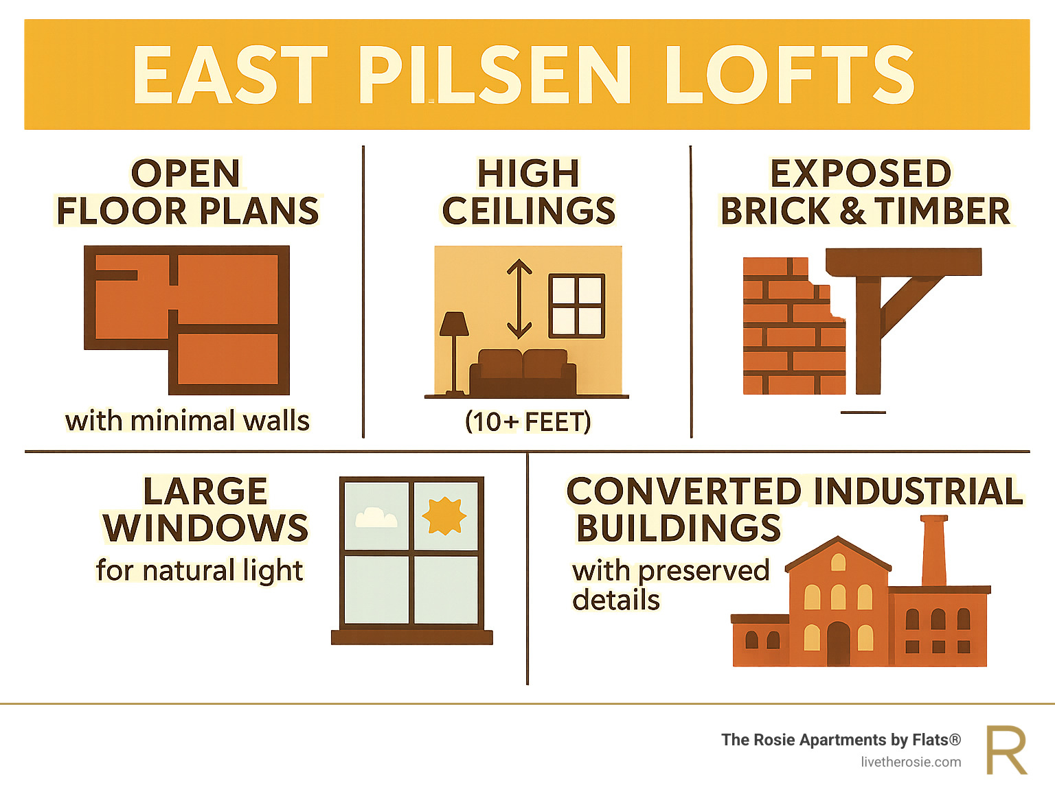 Infographic showing the defining characteristics of East Pilsen lofts: open floor plans with minimal walls, high ceilings typically 10+ feet, exposed brick and timber structural elements, oversized windows for natural light, and converted industrial buildings with preserved architectural details - east pilsen lofts infographic Infographic showing the defining characteristics of East Pilsen lofts: open floor plans with minimal walls, high ceilings typically 10+ feet, exposed brick and timber structural elements, oversized windows for natural light, and converted industrial buildings with preserved architectural details - east pilsen lofts infographic