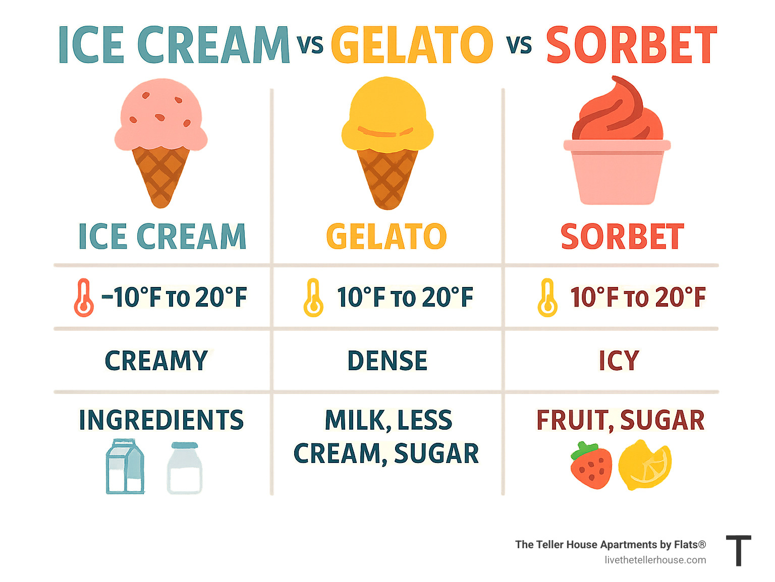 infographic showing the differences between ice cream, gelato, and sorbet with temperature, texture, and ingredient comparisons - best ice cream Uptown infographic 