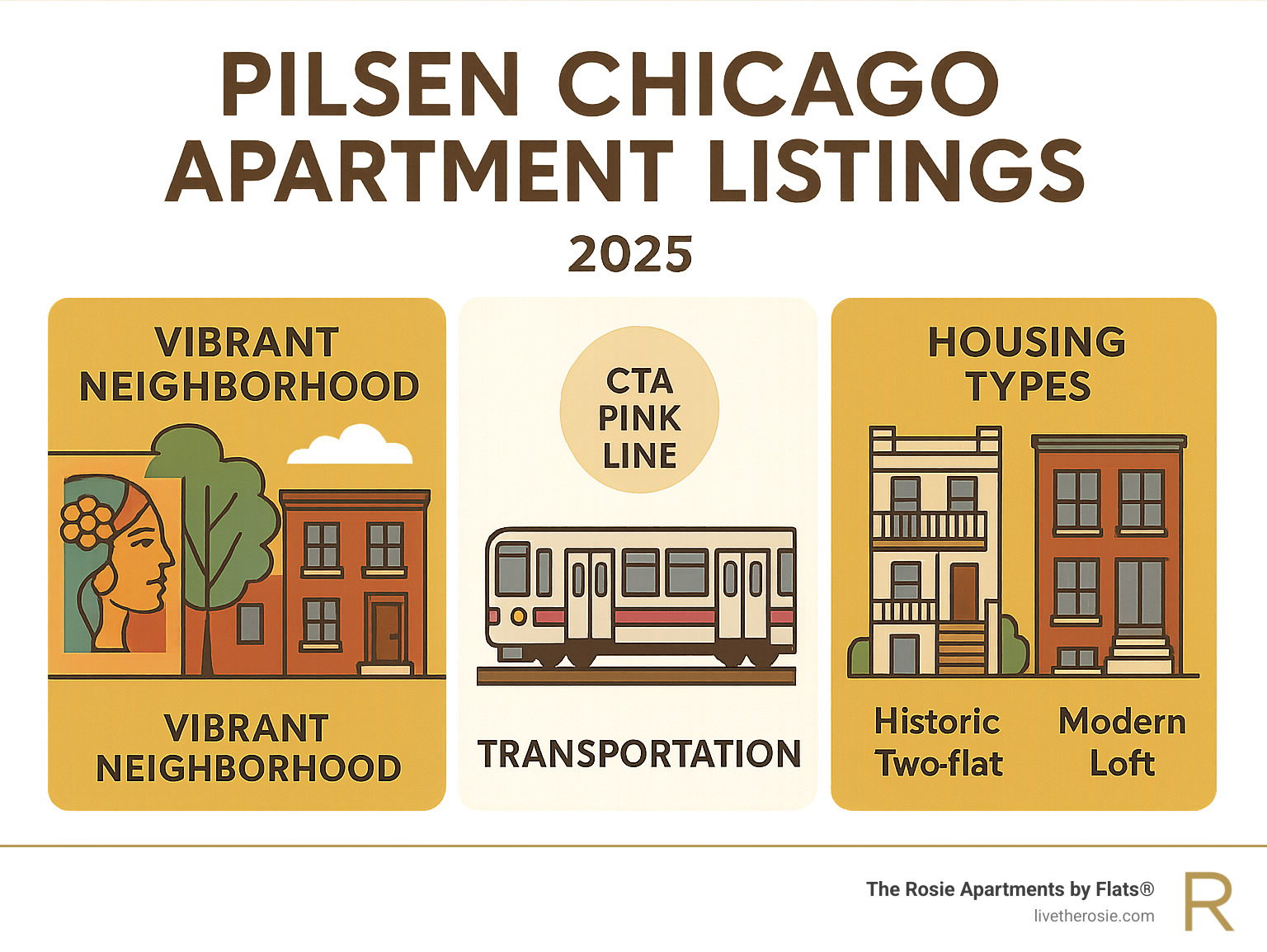 Infographic summarizing key aspects of Pilsen Chicago apartment listings, including neighborhood vibe, transportation convenience, and common housing types - Pilsen Chicago apartment listings infographic 