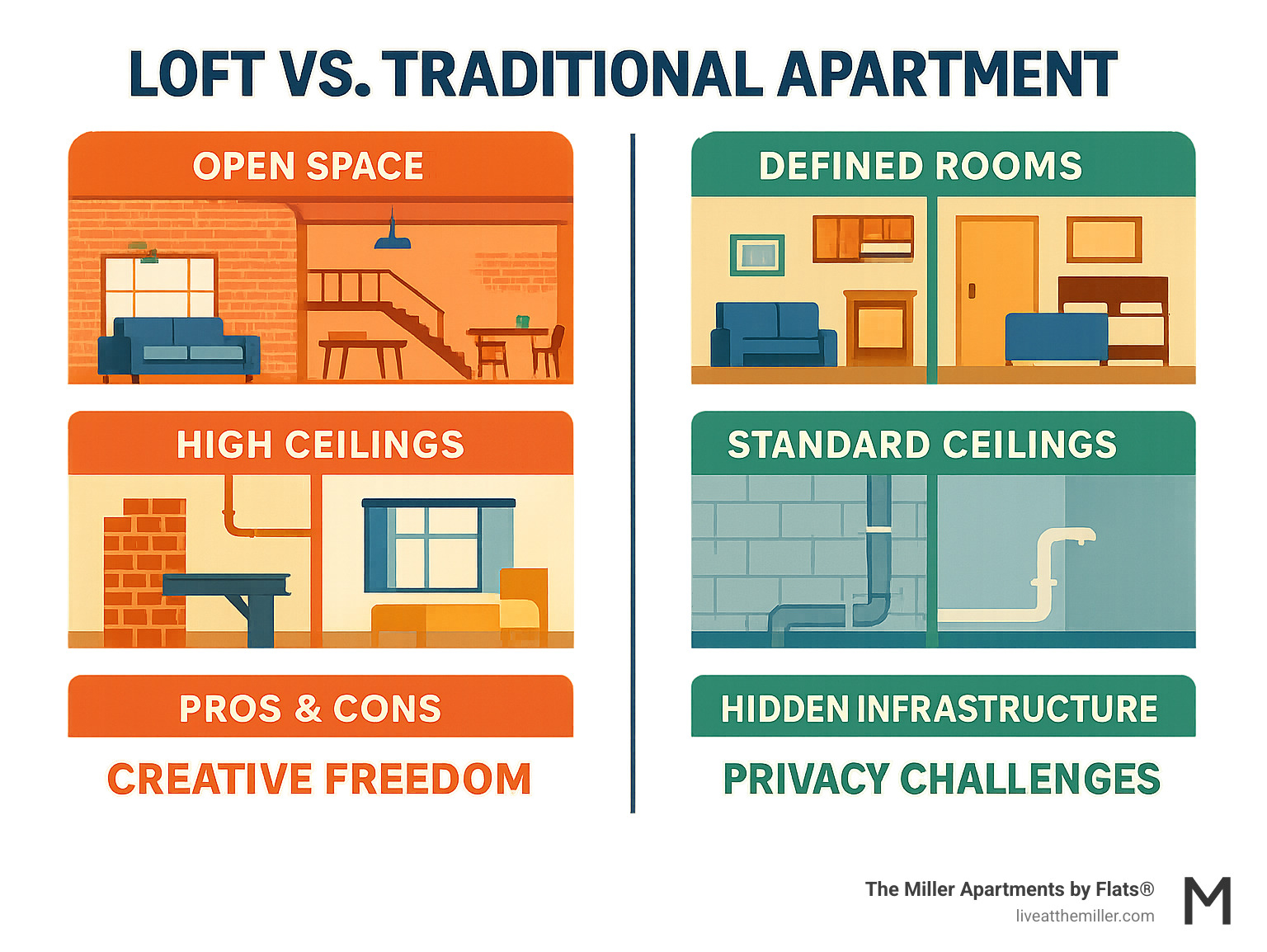 Infographic showing key differences between a loft and a traditional apartment, highlighting open space, high ceilings, exposed elements for lofts vs. defined rooms, standard ceilings, hidden infrastructure for traditional apartments, and noting perceived pros and cons like creative freedom vs. privacy challenges for lofts. - are loft style apartments weird infographic 