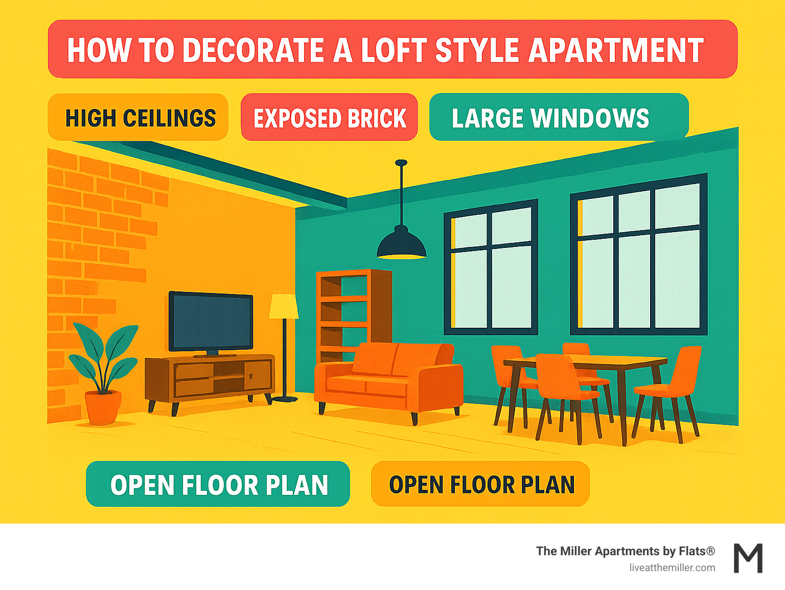 Infographic showing key architectural features of a loft apartment, including high ceilings, exposed brick, large windows, and open floor plans - how to decorate a loft style apartment infographic 