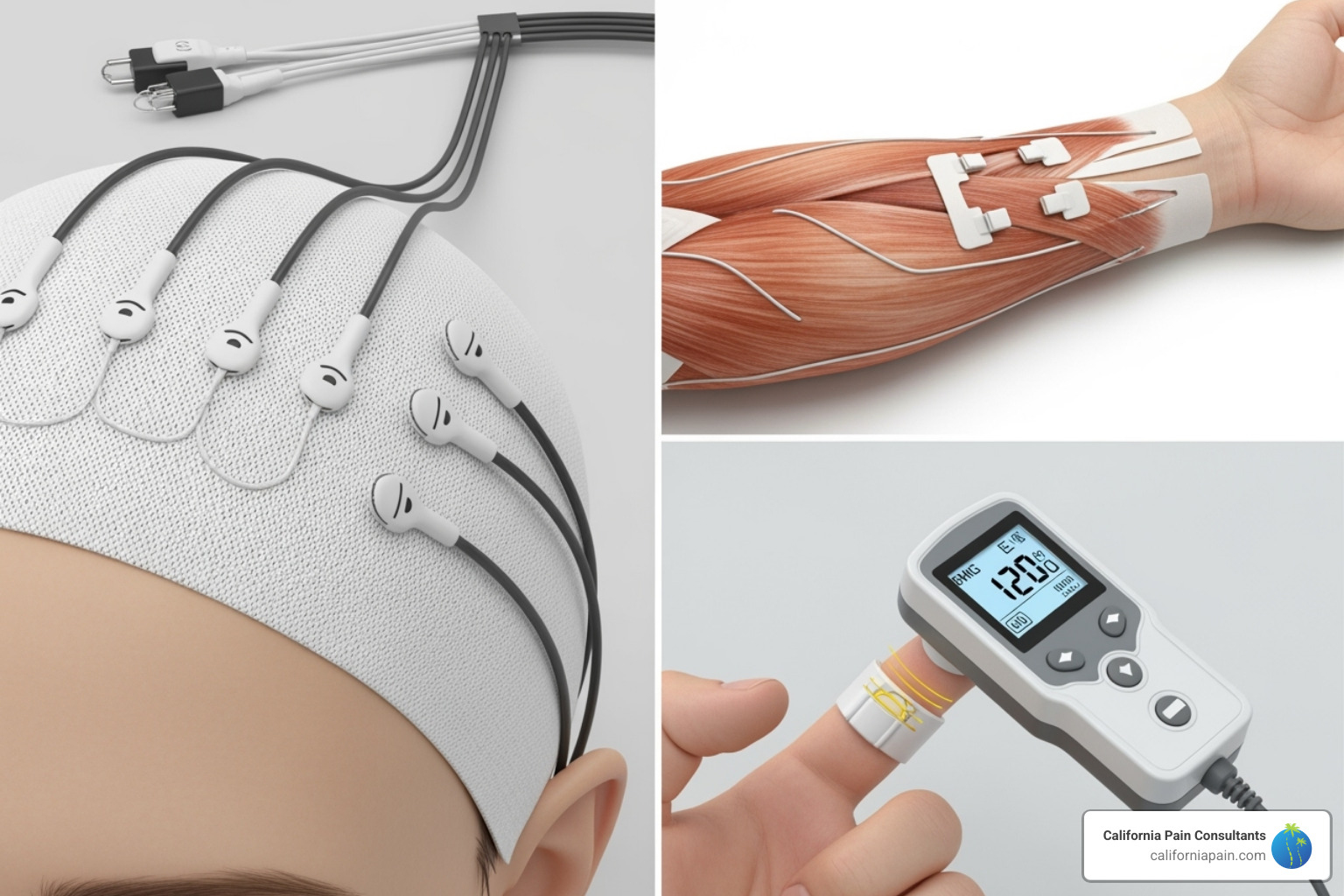 collage of different biofeedback sensors (EEG, EMG, thermal) - how does biofeedback help in the treatment of chronic pain