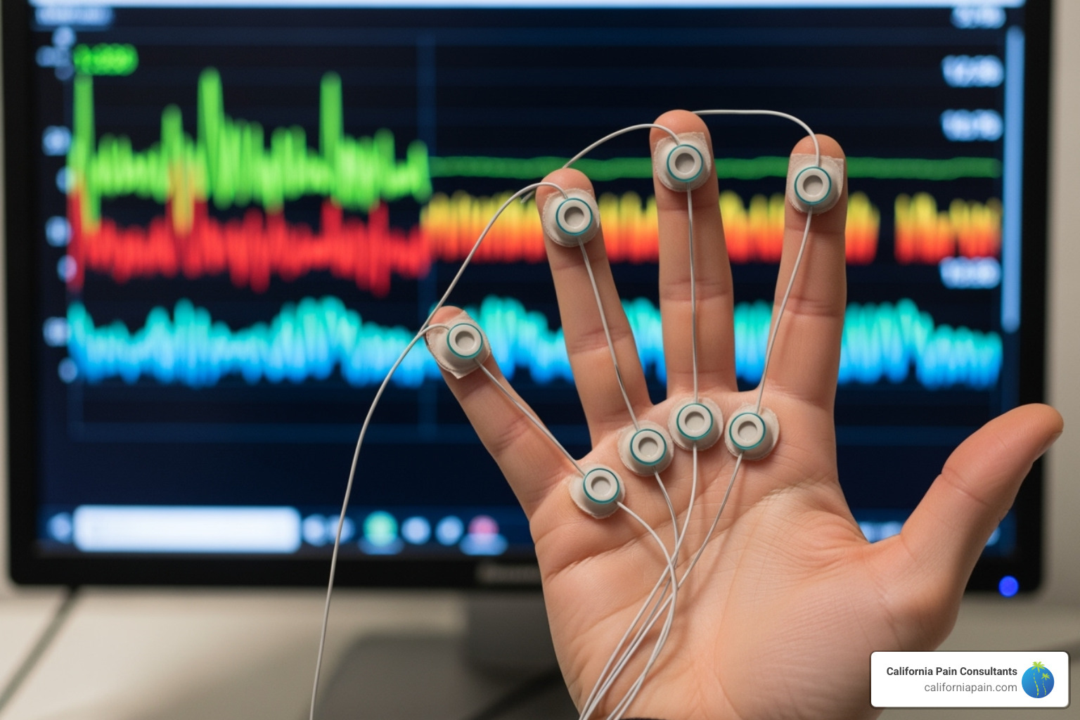 illustrating sensors on a person's hand connected to a monitor showing a graph - how does biofeedback help in the treatment of chronic pain