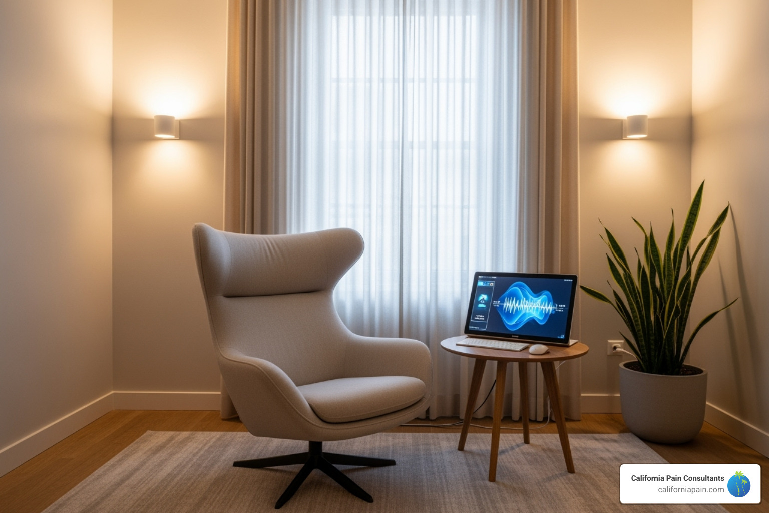 of a calm therapy room with a biofeedback machine and a comfortable chair - how does biofeedback help in the treatment of chronic pain