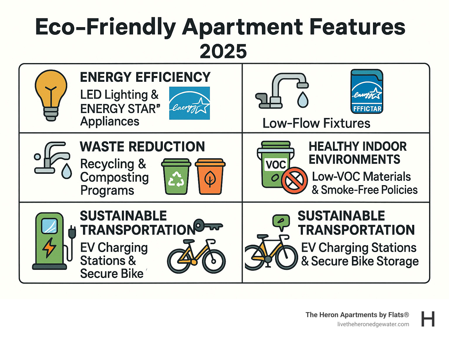 Comprehensive guide to eco-friendly apartment features including energy efficiency through LED lighting and ENERGY STAR appliances, water conservation via low-flow fixtures, waste reduction through recycling and composting programs, healthy indoor environments with low-VOC materials and smoke-free policies, and sustainable transportation support with EV charging stations and secure bike storage - eco friendly apartments Chicago infographic 