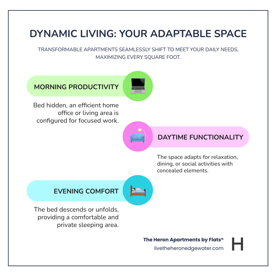 Infographic showing a transformable apartment layout changing from morning configuration with hidden bed and visible desk, to evening setup with bed extended and desk concealed, demonstrating how one 400 square foot space functions as bedroom, living room, and office - transformable apartment infographic infographic-line-3-steps-colors Infographic showing a transformable apartment layout changing from morning configuration with hidden bed and visible desk, to evening setup with bed extended and desk concealed, demonstrating how one 400 square foot space functions as bedroom, living room, and office - transformable apartment infographic infographic-line-3-steps-colors