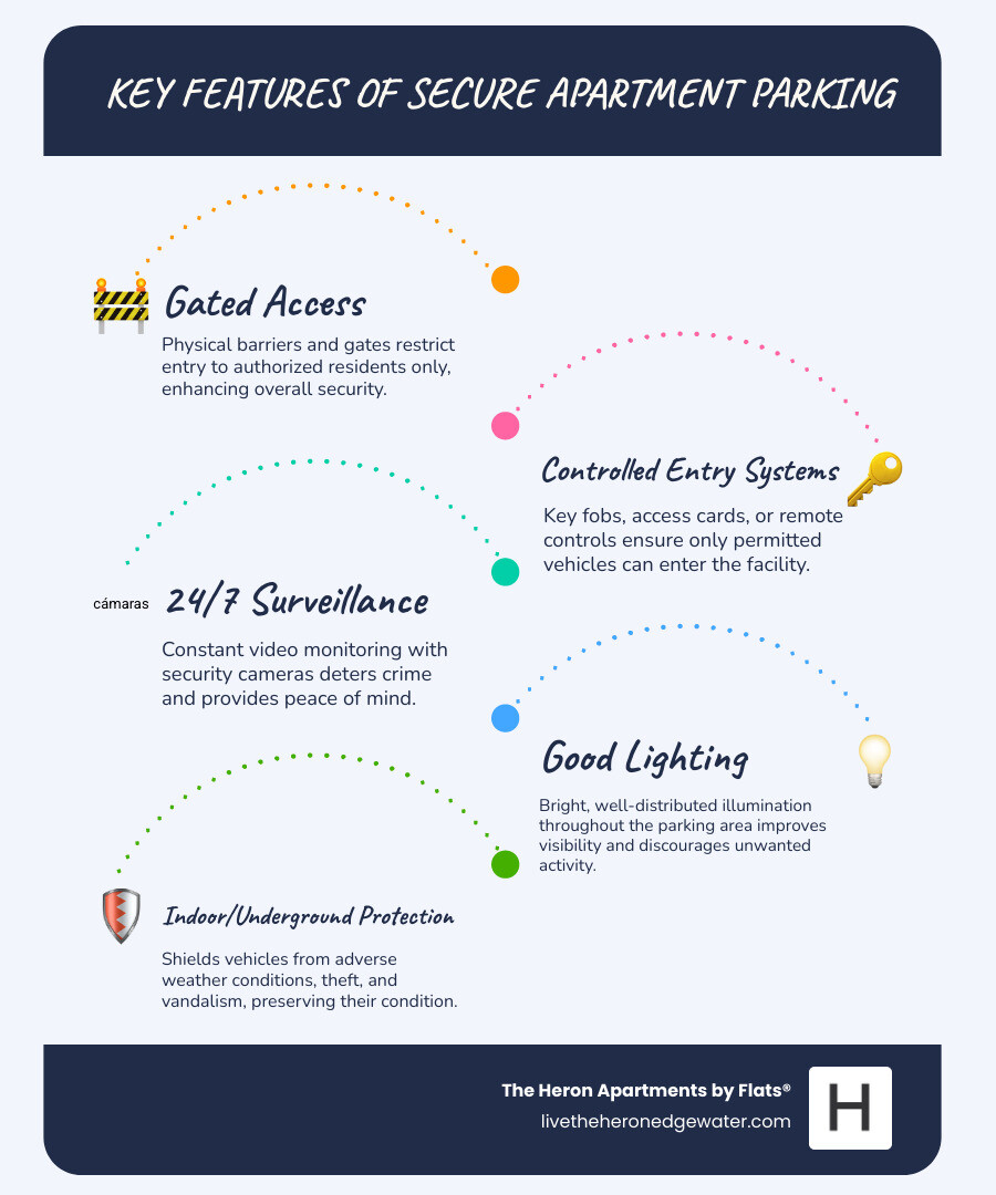 Key features of secure apartment parking including gated access, surveillance cameras, bright lighting, and controlled entry systems. - apartments with secure parking infographic infographic-line-5-steps-blues-accent_colors