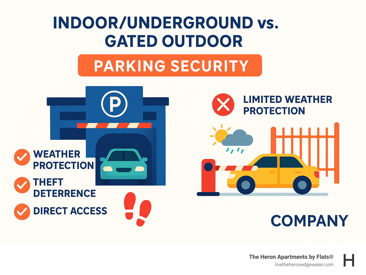 comparison of indoor/underground vs. gated outdoor parking security - apartments with secure parking infographic 