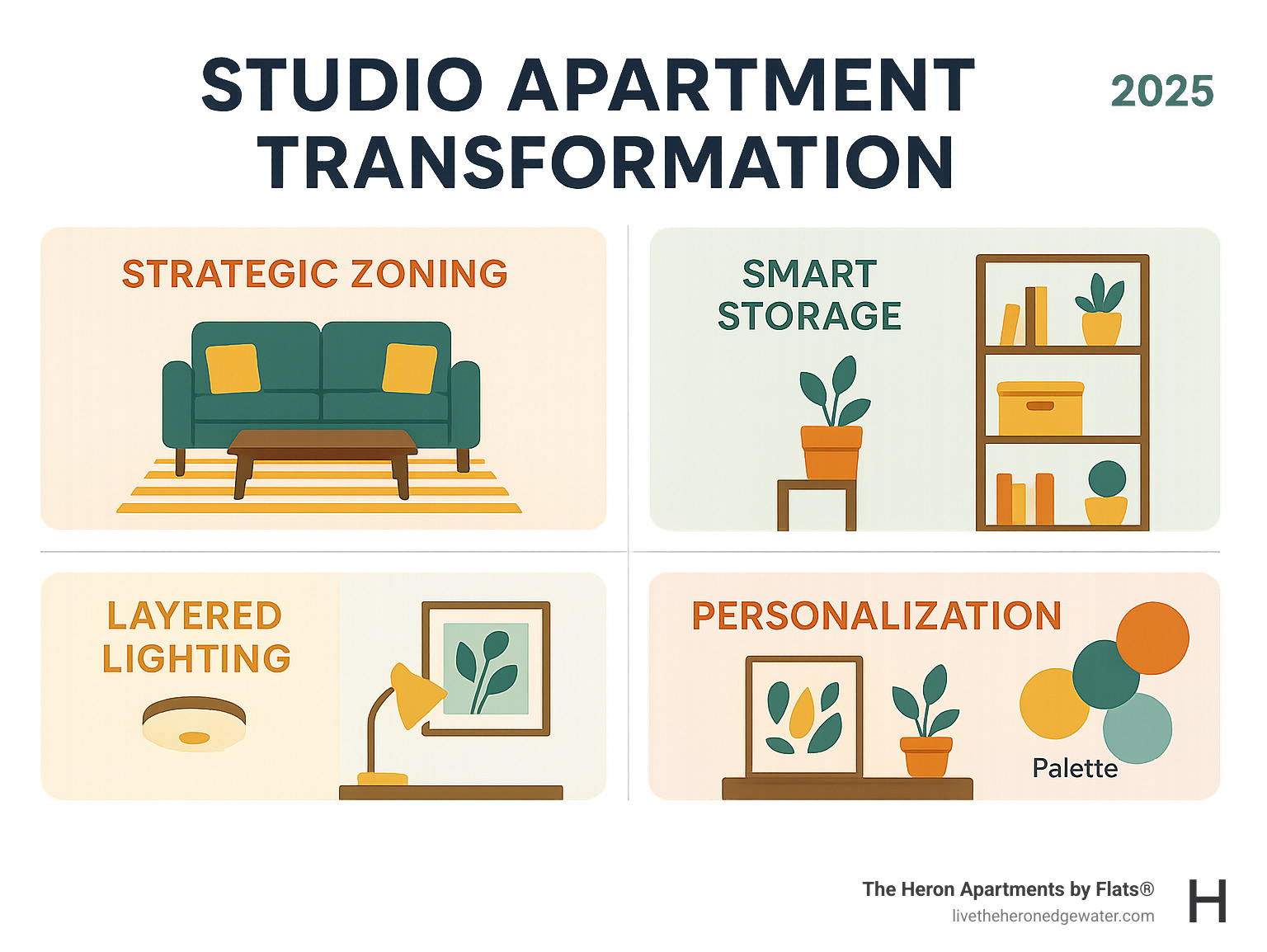 Infographic showing the four core principles of studio apartment change: Strategic Zoning with furniture placement and area rugs, Smart Storage using vertical wall space and multi-functional furniture, Layered Lighting combining ambient ceiling lights with task lamps, and Personalization through color palettes and decor that reflect your style - studio apartment change infographic  Infographic showing the four core principles of studio apartment change: Strategic Zoning with furniture placement and area rugs, Smart Storage using vertical wall space and multi-functional furniture, Layered Lighting combining ambient ceiling lights with task lamps, and Personalization through color palettes and decor that reflect your style - studio apartment change infographic