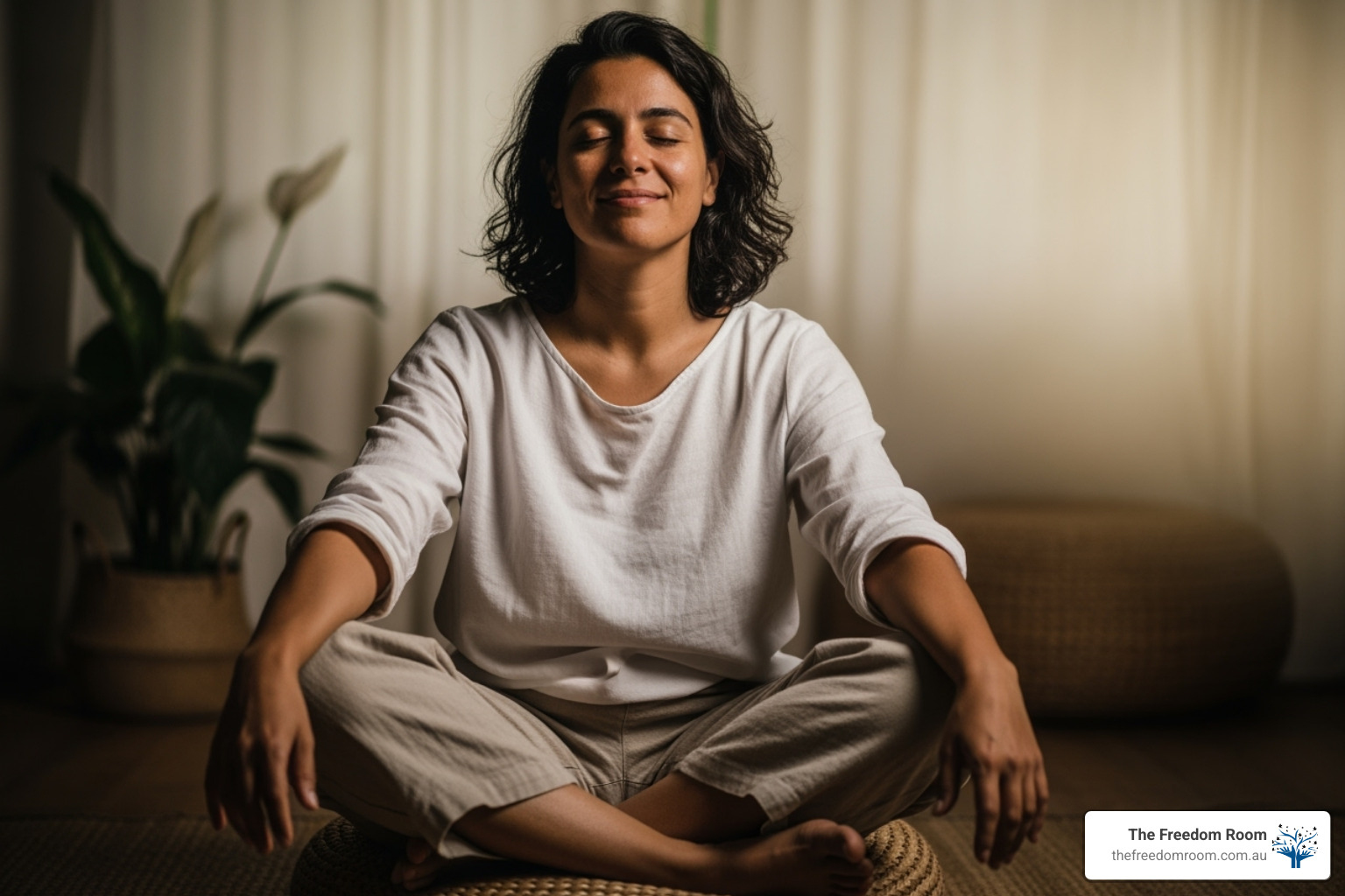 Person looking relieved and calm after a mindfulness practice - eft tapping for pain