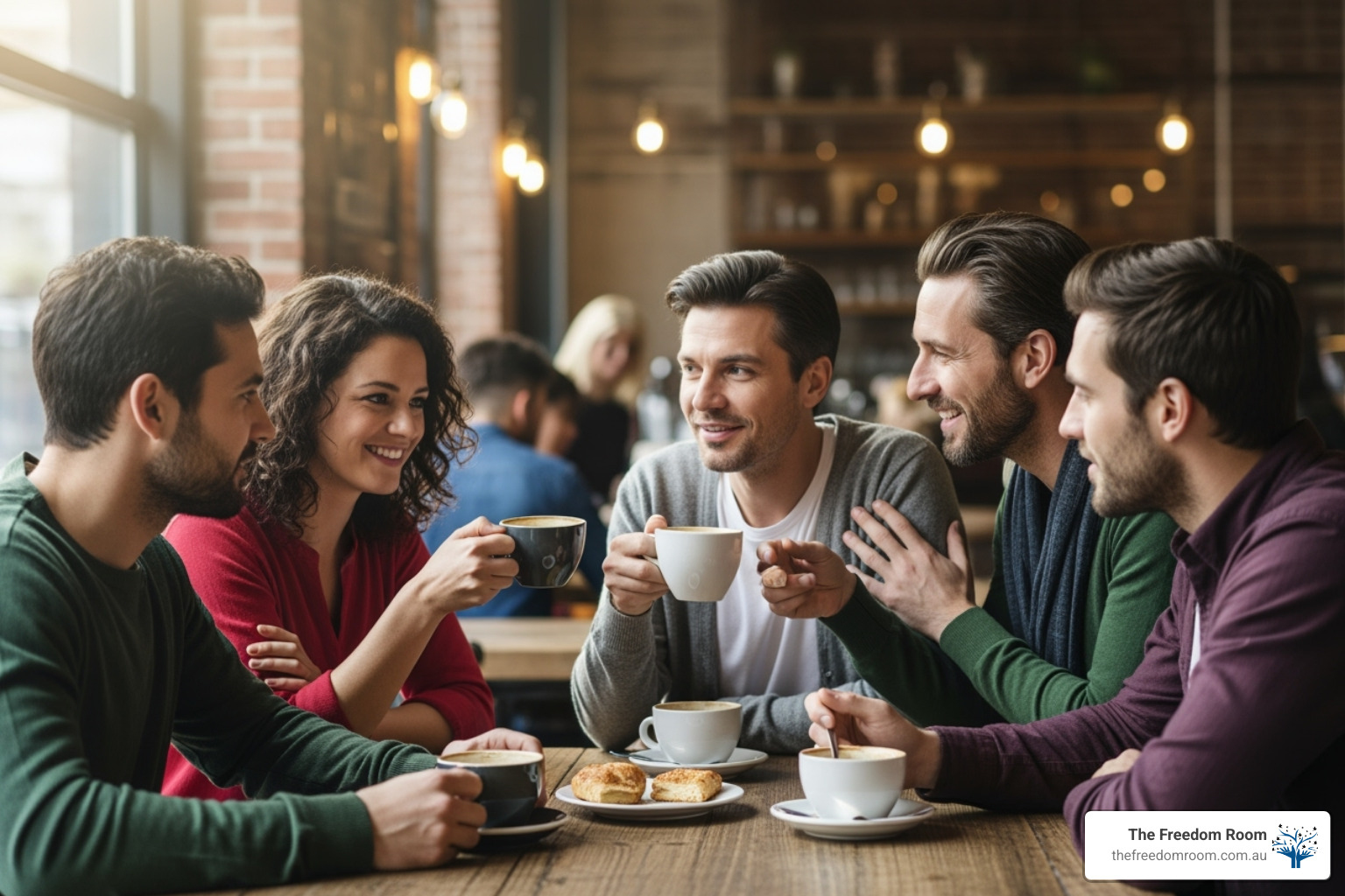 supportive group of diverse friends having coffee - coping mechanisms for addiction
