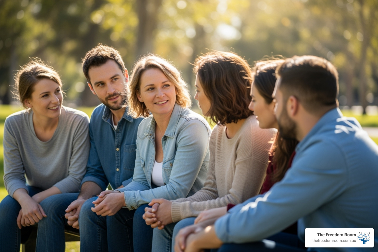 small group of diverse friends having a quiet, supportive chat in a park - emotional health definition