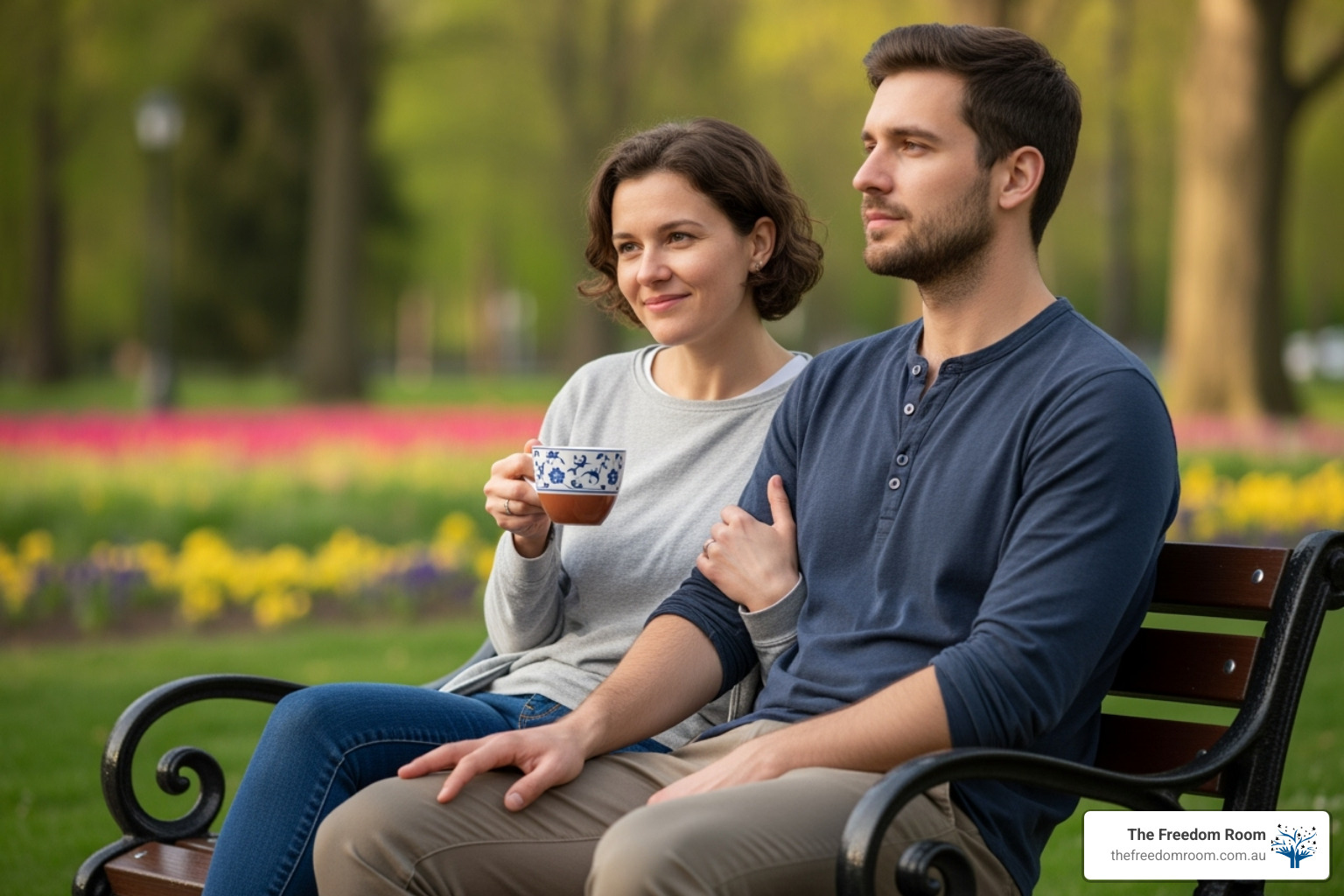 Two people having a supportive conversation in an Australian park - emotional sobriety 101