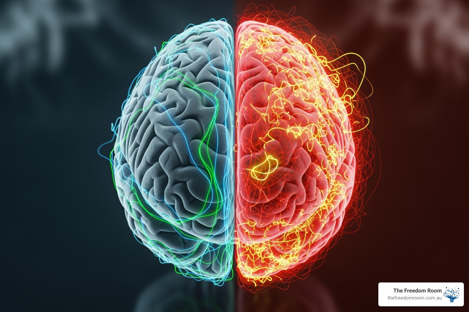 Image of a brain showing calm signals on one side and stressed signals on the other, representing the shift healthy distraction can bring - when is distraction a healthy stress management technique Image of a brain showing calm signals on one side and stressed signals on the other, representing the shift healthy distraction can bring - when is distraction a healthy stress management technique