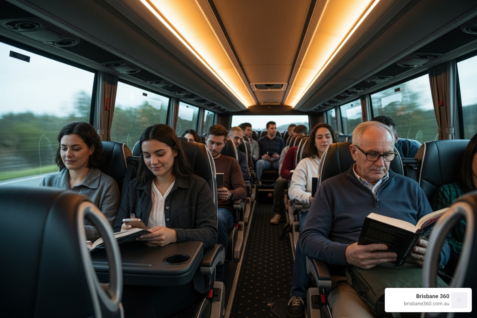 A relaxed group enjoying the spacious interior of a Brisbane 360 coach, highlighting comfort and space - Brisbane to Gold Coast bus