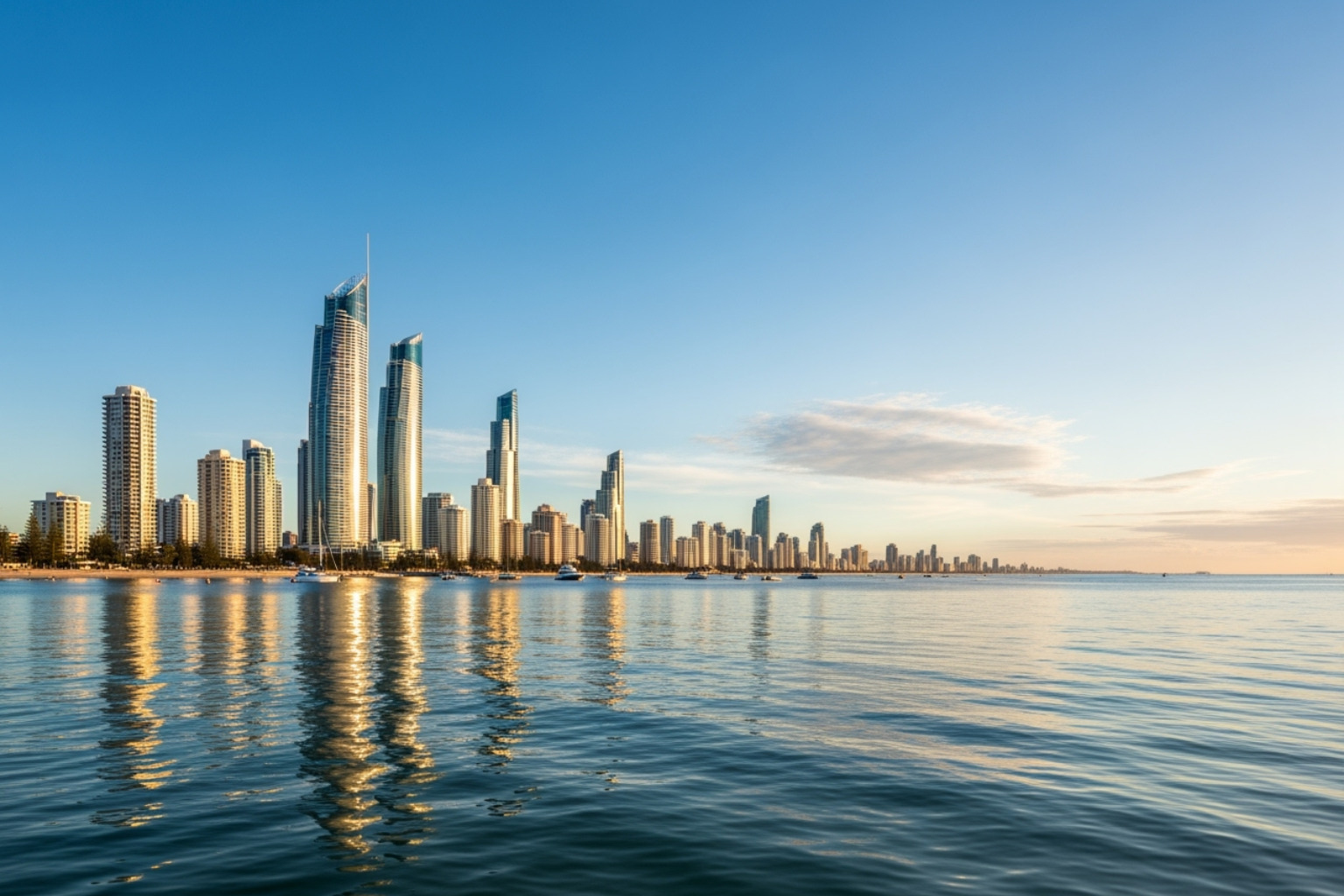 scenic view of the Gold Coast skyline from the water - boat hire Gold Coast