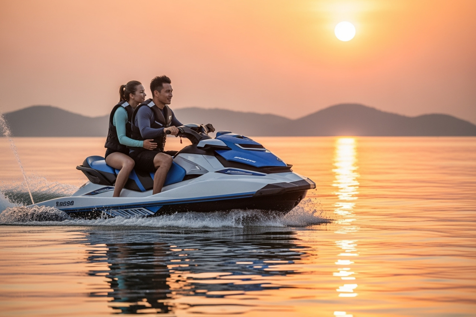 couple enjoying a sunset cruise on a jet ski - boat hire Gold Coast