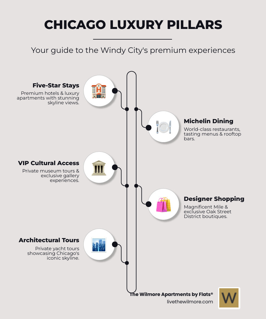 Comprehensive guide to Chicago luxury experiences showing five key pillars: Five-Star Accommodations with skyline views and premium amenities, Michelin-Starred Dining featuring world-world class restaurants and rooftop bars, VIP Cultural Access including private museum tours and architectural boat trips, Designer Shopping on Magnificent Mile and boutique districts, and Exclusive Transportation with private car services and yacht charters - Chicago luxury experience infographic infographic-line-5-steps-neat_beige