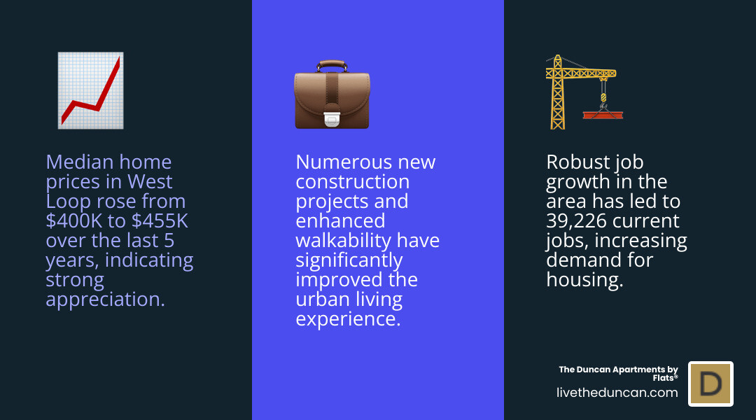 Infographic showing West Loop real estate market growth over the last 5 years, including number of new construction projects completed, job growth statistics with 39,226 current jobs, and walkability improvements with new amenities and transportation options - west loop 1 bedroom apartment for sale infographic 3_facts_emoji_blue