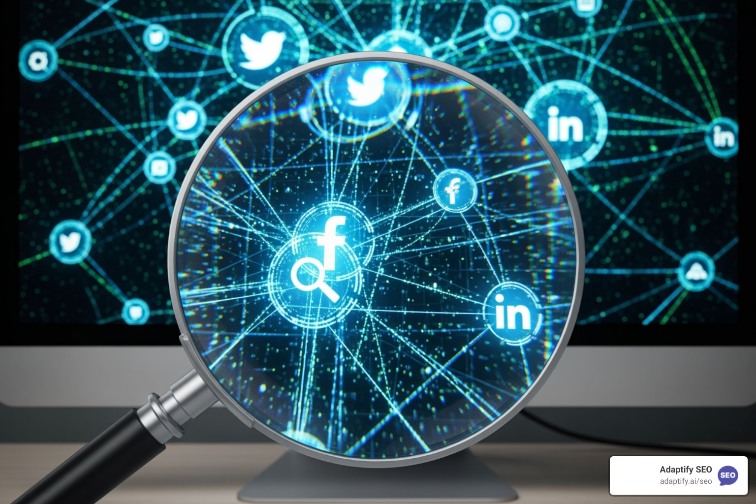 A magnifying glass hovering over a computer screen displaying brand logos and intertwined link icons, symbolizing the connection between PR, link building, and digital visibility. - link building benefits of pr