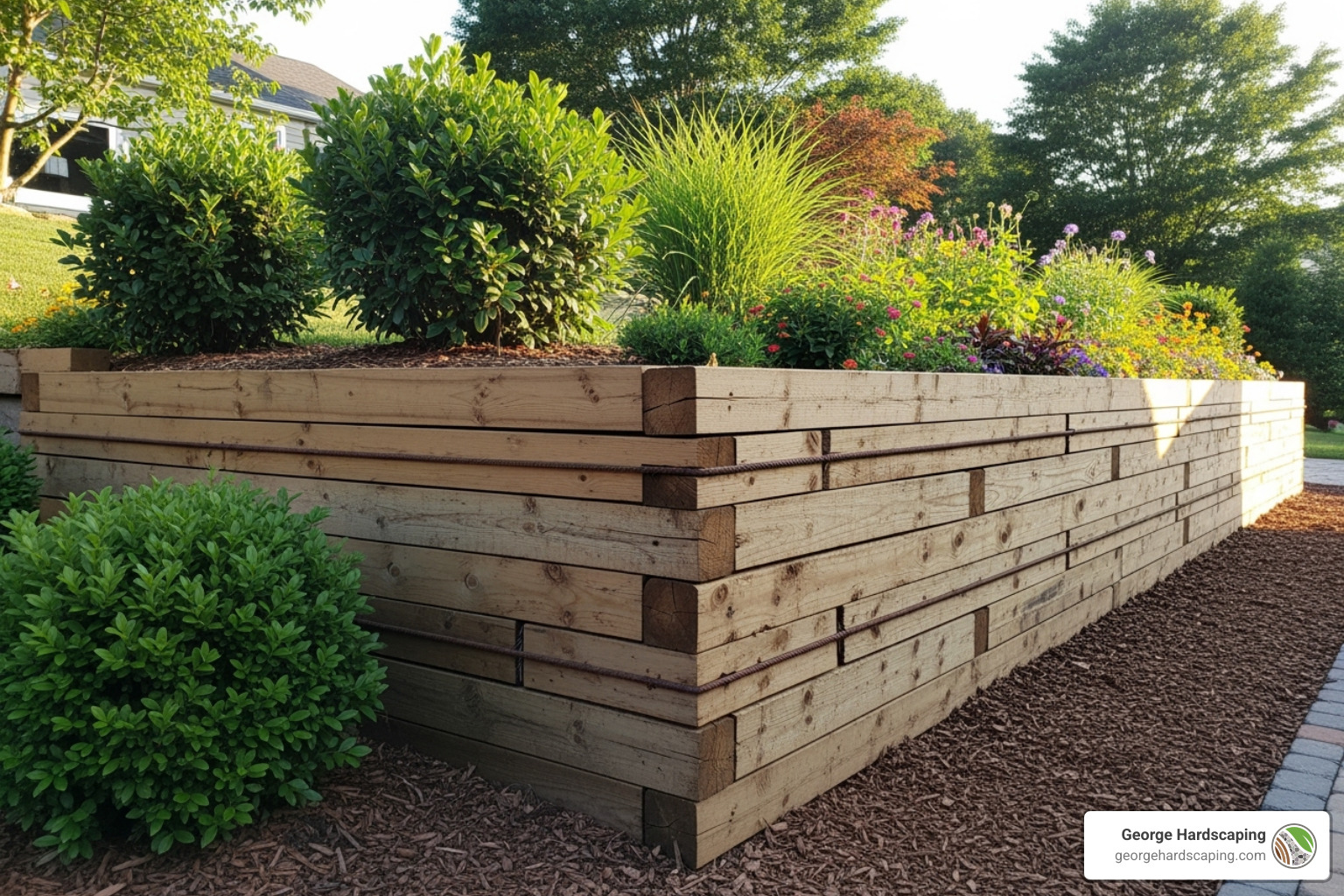Simple and cost-effective wood retaining wall in a landscaped yard. Metadata: wood retaining wall, landscaping, cost-effective, George Hardscaping. - how much for a retaining wall installed
