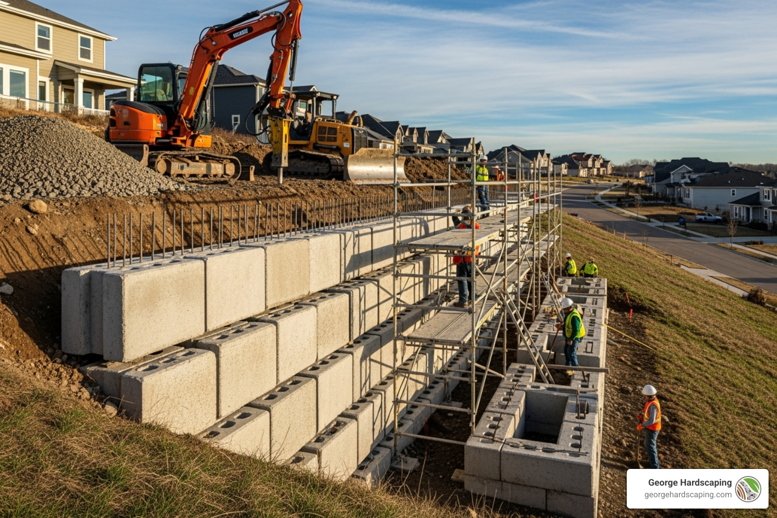 Retaining wall installation on a steep slope using heavy machinery. Metadata: retaining wall, slope, machinery, construction, George Hardscaping. - how much for a retaining wall installed