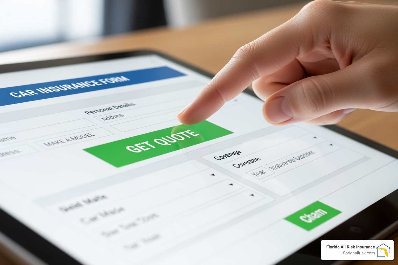 A digital form on a tablet showing fields for car insurance quotes, with a person's hand about to tap "Get Quote". - auto insurance quotes online florida
