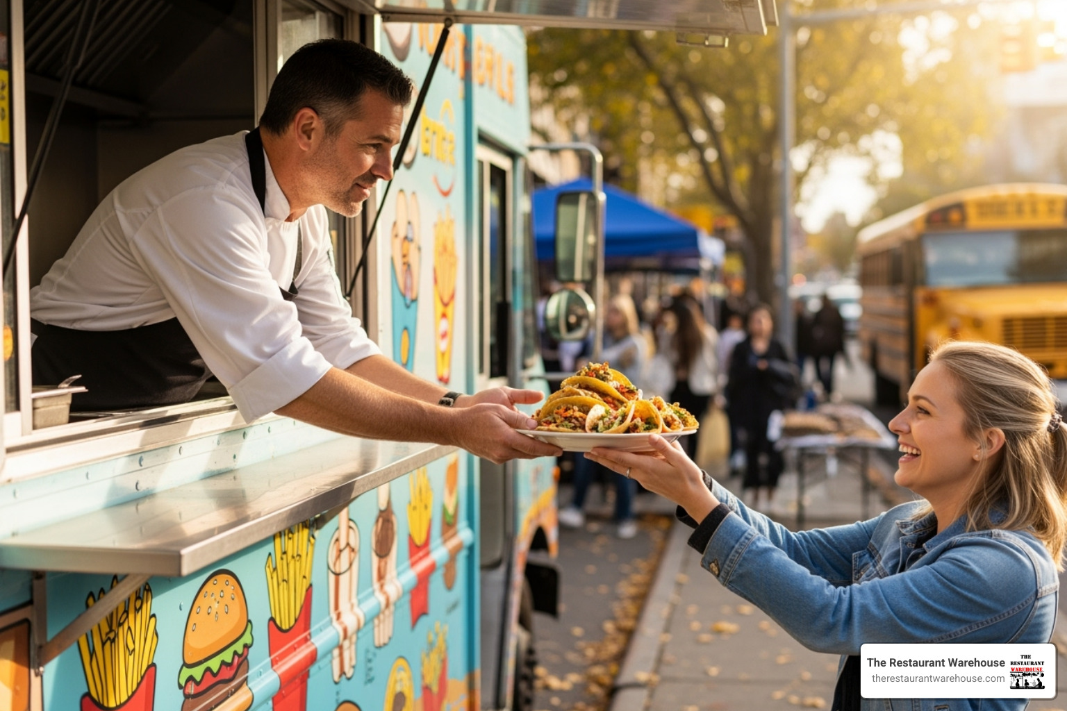 chef handing food to a customer from a food truck window - restaurant food truck