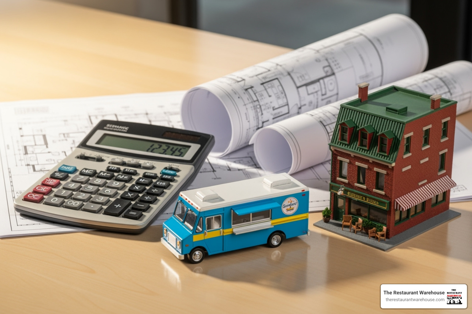 calculator and blueprints next to a model food truck and a model restaurant - restaurant food truck