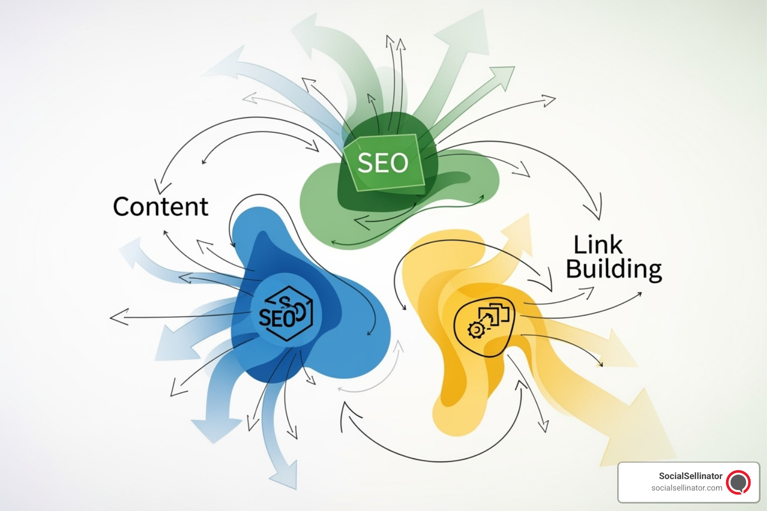 Diagram showing the intersection of Content, SEO, and Link Building, with arrows indicating synergy - SEO content marketing agency Diagram showing the intersection of Content, SEO, and Link Building, with arrows indicating synergy - SEO content marketing agency