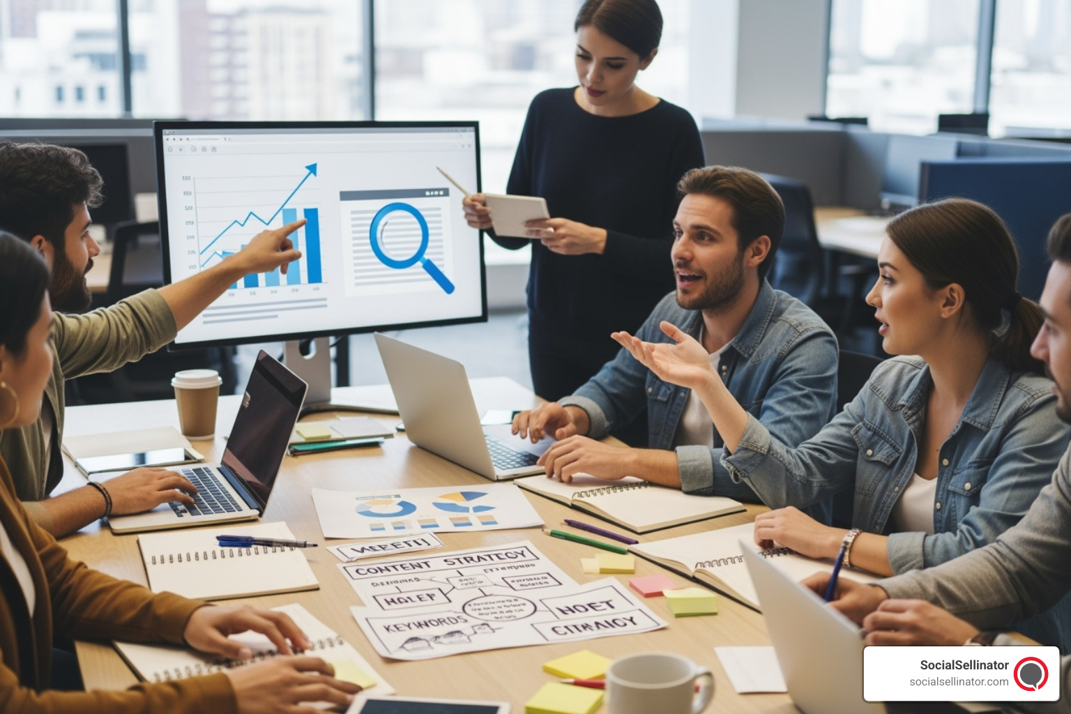 A person reviewing a proposal or case study on a tablet, with charts and data overlays - SEO content marketing agency A person reviewing a proposal or case study on a tablet, with charts and data overlays - SEO content marketing agency