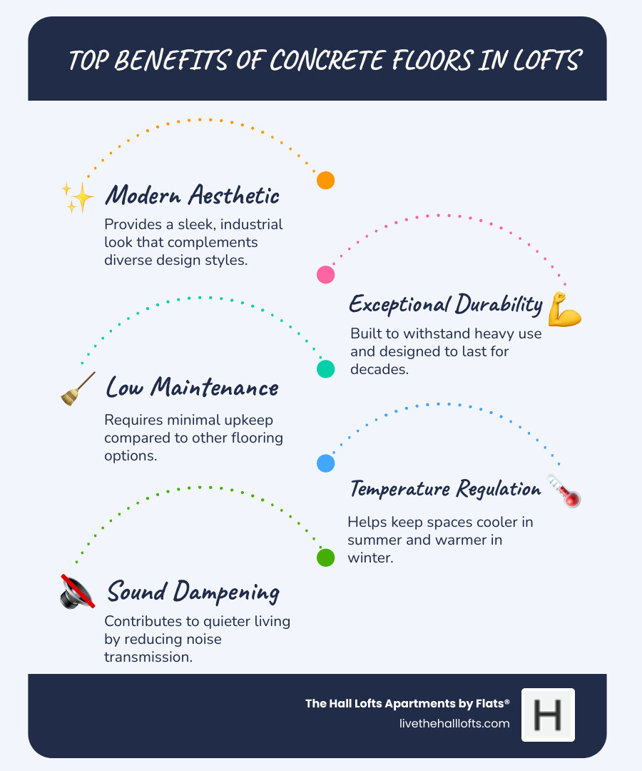 Infographic detailing the benefits of concrete floors in lofts, including durability, low maintenance, sound insulation, and aesthetic versatility - lofts with concrete floors infographic infographic-line-5-steps-blues-accent_colors