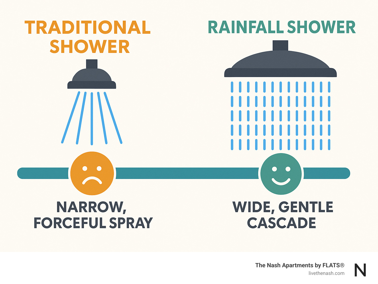 Infographic explaining the difference in water flow between a traditional shower's narrow, forceful spray and a rainfall shower's wide, gentle cascade, highlighting user experience and coverage - Modern bathroom rainfall shower infographic 