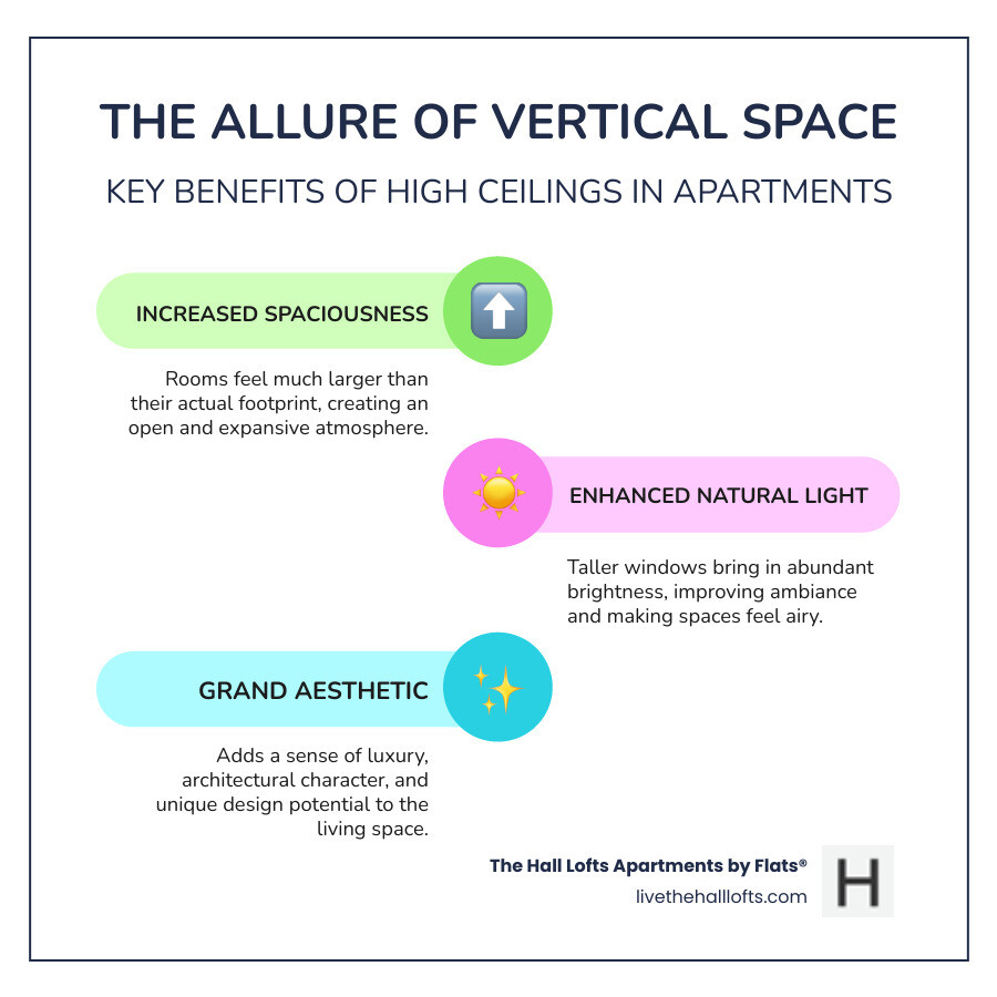 Infographic detailing the key benefits of high ceilings in apartments: improved spaciousness, abundant natural light, and unique design opportunities - apartments with high ceilings infographic infographic-line-3-steps-colors