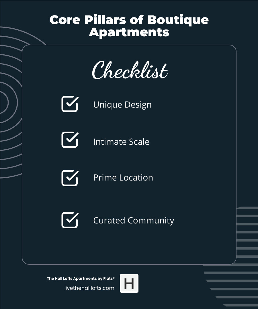 Infographic explaining the four core pillars of boutique apartments: Unique Design, Intimate Scale, Prime Location, and Curated Community. - boutique apartments Minneapolis infographic checklist-dark-blue Infographic explaining the four core pillars of boutique apartments: Unique Design, Intimate Scale, Prime Location, and Curated Community. - boutique apartments Minneapolis infographic checklist-dark-blue