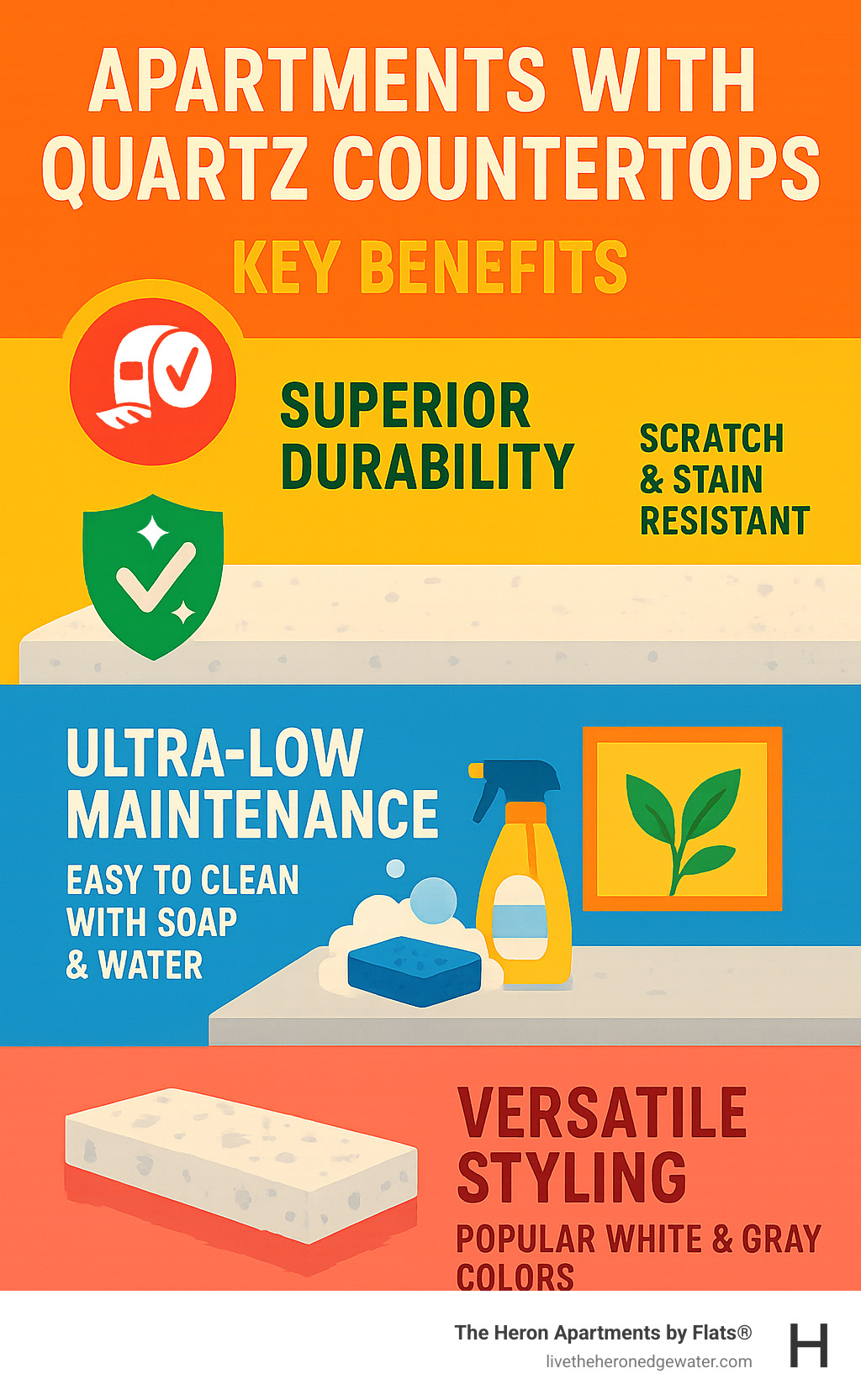 Infographic showing the three main advantages of quartz countertops in apartments: superior durability with scratch and stain resistance, ultra-low maintenance requiring only soap and water cleaning with no sealing needed, and versatile modern styling available in popular white and gray colors that complement any decor - apartments with quartz countertops infographic 
