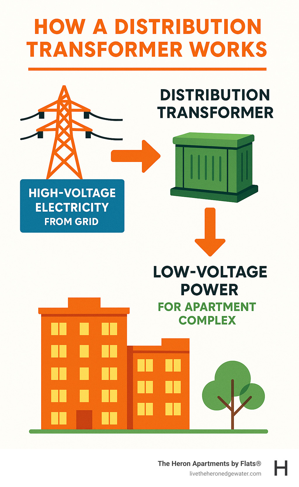 Infographic explaining how a distribution transformer converts high-voltage electricity from the grid into usable low-voltage power for an apartment complex. - apartment transformer financials infographic 