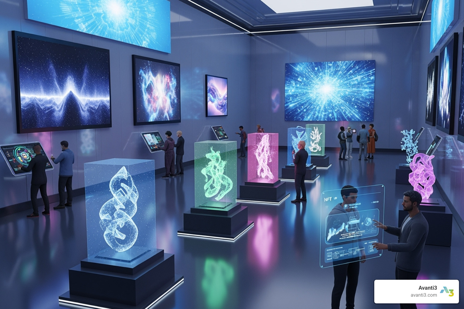 Metaverse gallery showcasing tokenized digital assets - blockchain content monetization