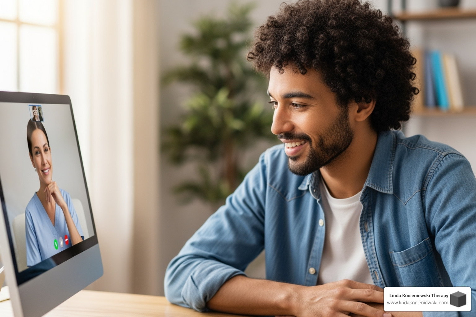 person having a positive and reassuring video consultation with a therapist - therapy for traumatic events