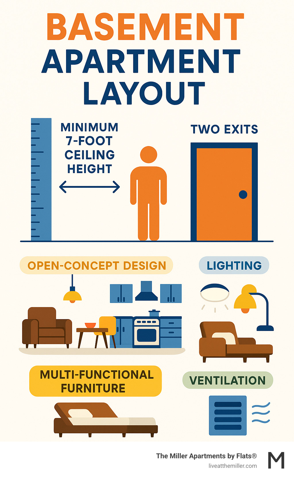 Infographic showing basement apartment layout essentials including minimum ceiling heights of 7 feet, requirement for two exits, open-concept design benefits, lighting strategies with recessed and wall-mounted fixtures, multi-functional furniture examples, and ventilation requirements - basement apartment layout infographic 