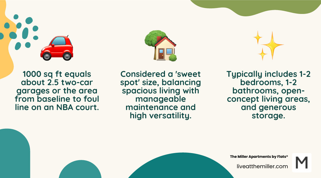 Infographic showing 1000 sq ft apartment layout comparison to common objects like two-car garages, swimming pools, and basketball court dimensions, with typical room configurations including 1-2 bedrooms, 1-2 bathrooms, kitchen, living area, and storage spaces - 1000 sq ft apartment layout infographic 3_facts_emoji_nature