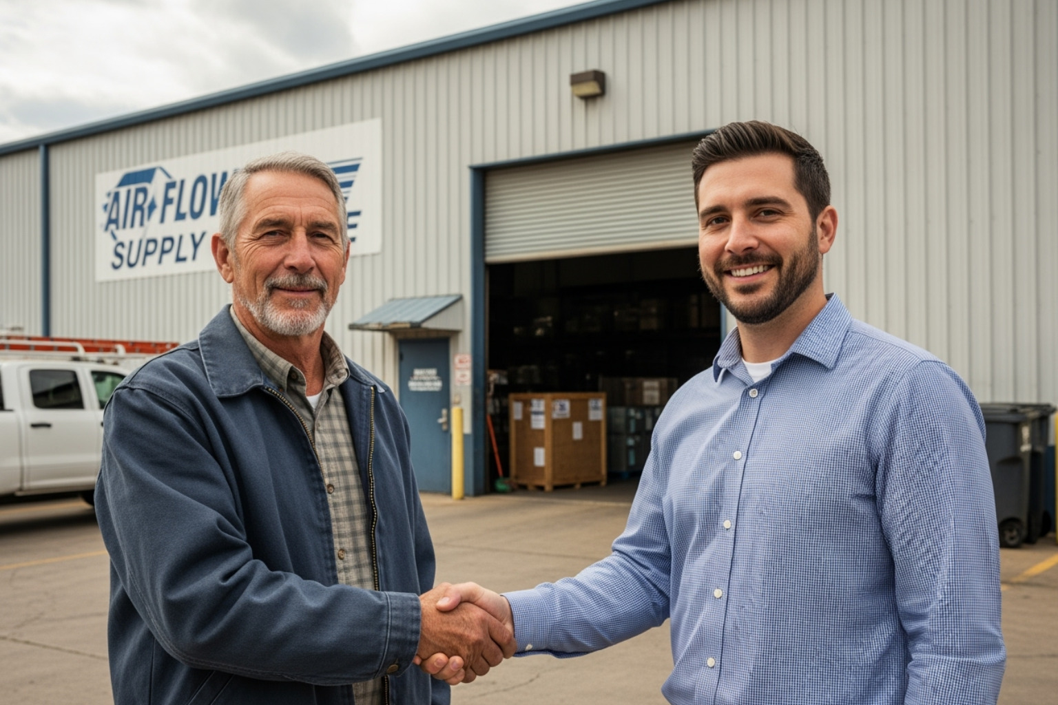 handshake between an old and new business owner in front of an HVAC supply warehouse - HVAC business exit strategy