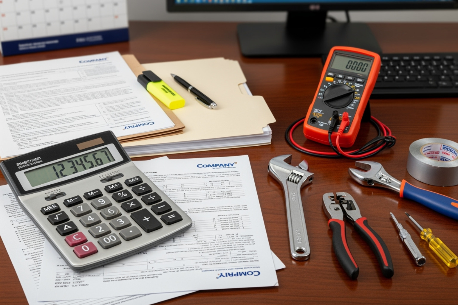 calculator and financial documents on a desk with HVAC tools in the background - HVAC business exit strategy
