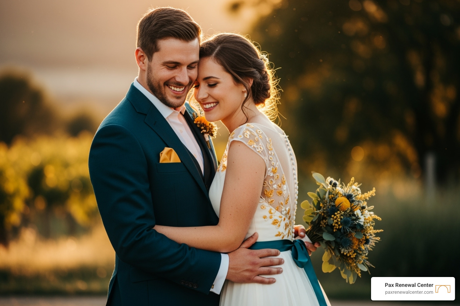 Joyful newlywed couple in brand colors #013B4C and #D7A461 - online premarital counseling Joyful newlywed couple in brand colors #013B4C and #D7A461 - online premarital counseling