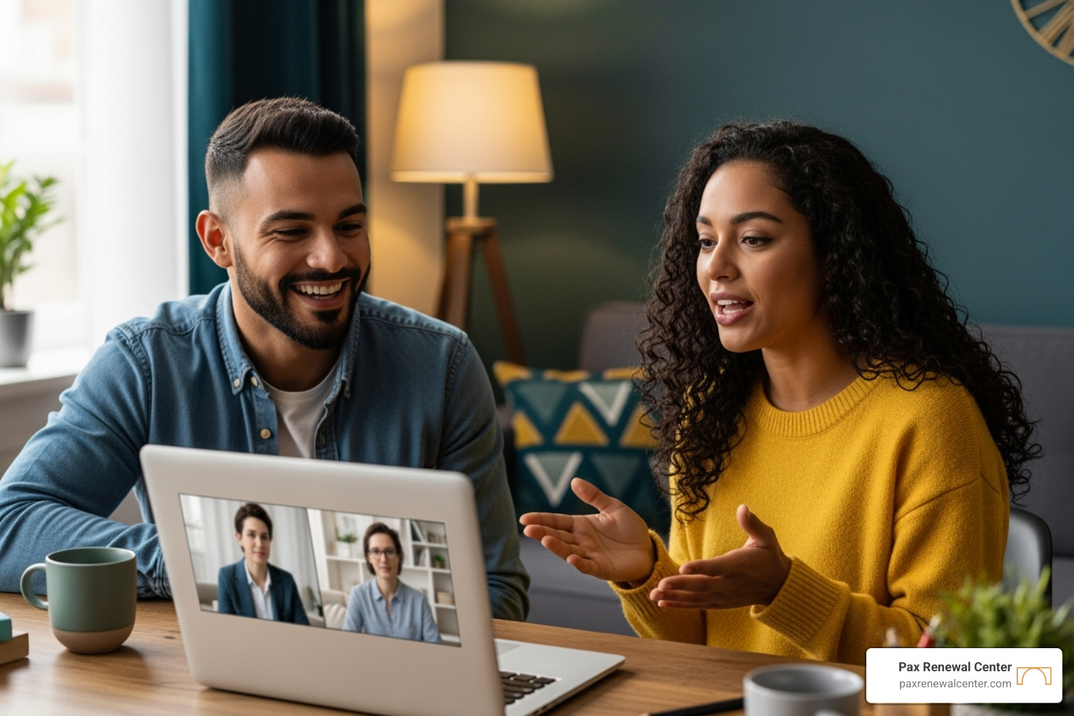Diverse couple talking and smiling during a video therapy session in brand colors #013B4C and #D7A461 - online premarital counseling Diverse couple talking and smiling during a video therapy session in brand colors #013B4C and #D7A461 - online premarital counseling