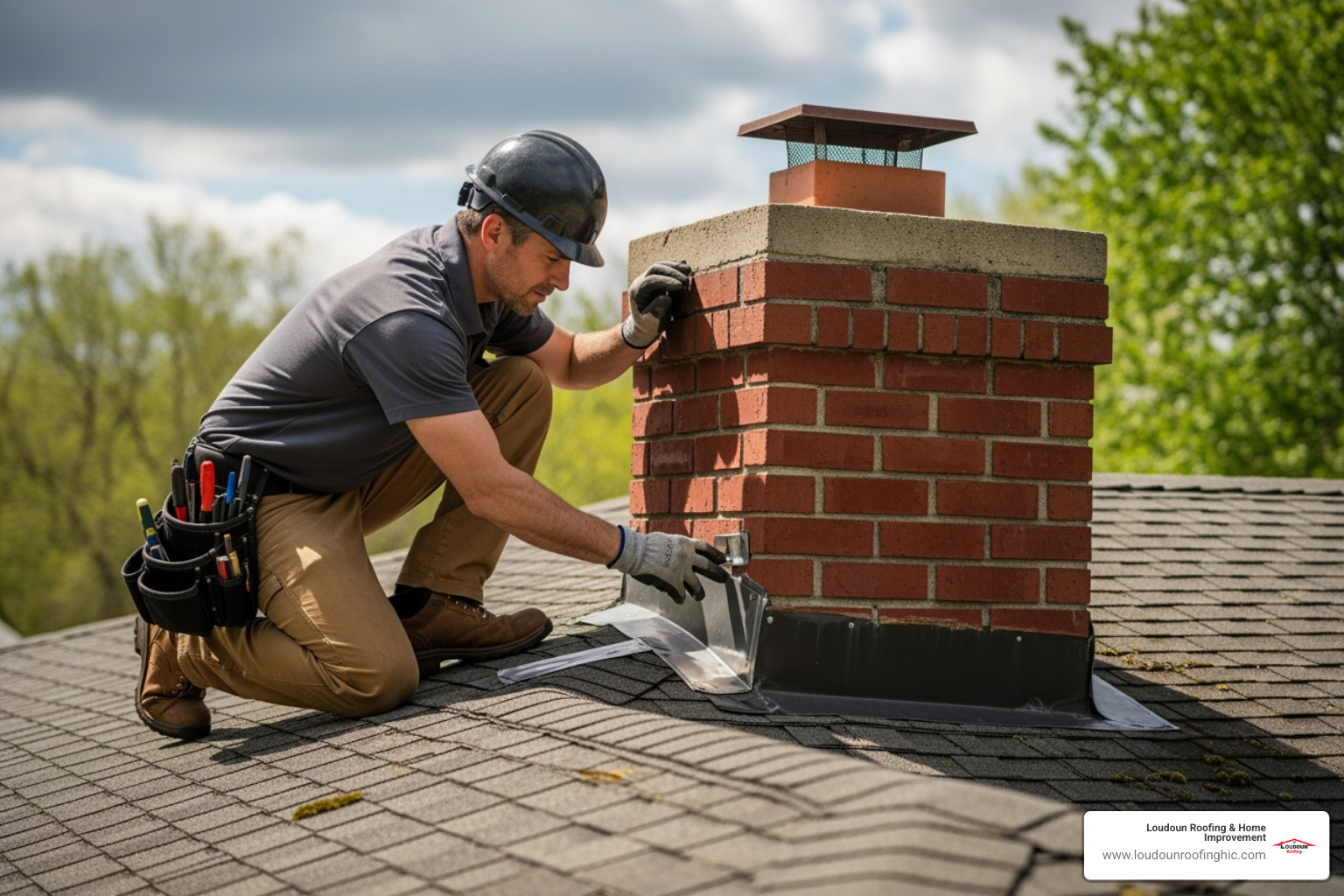 inspector examining flashing around a chimney - certified roof inspections mclean va