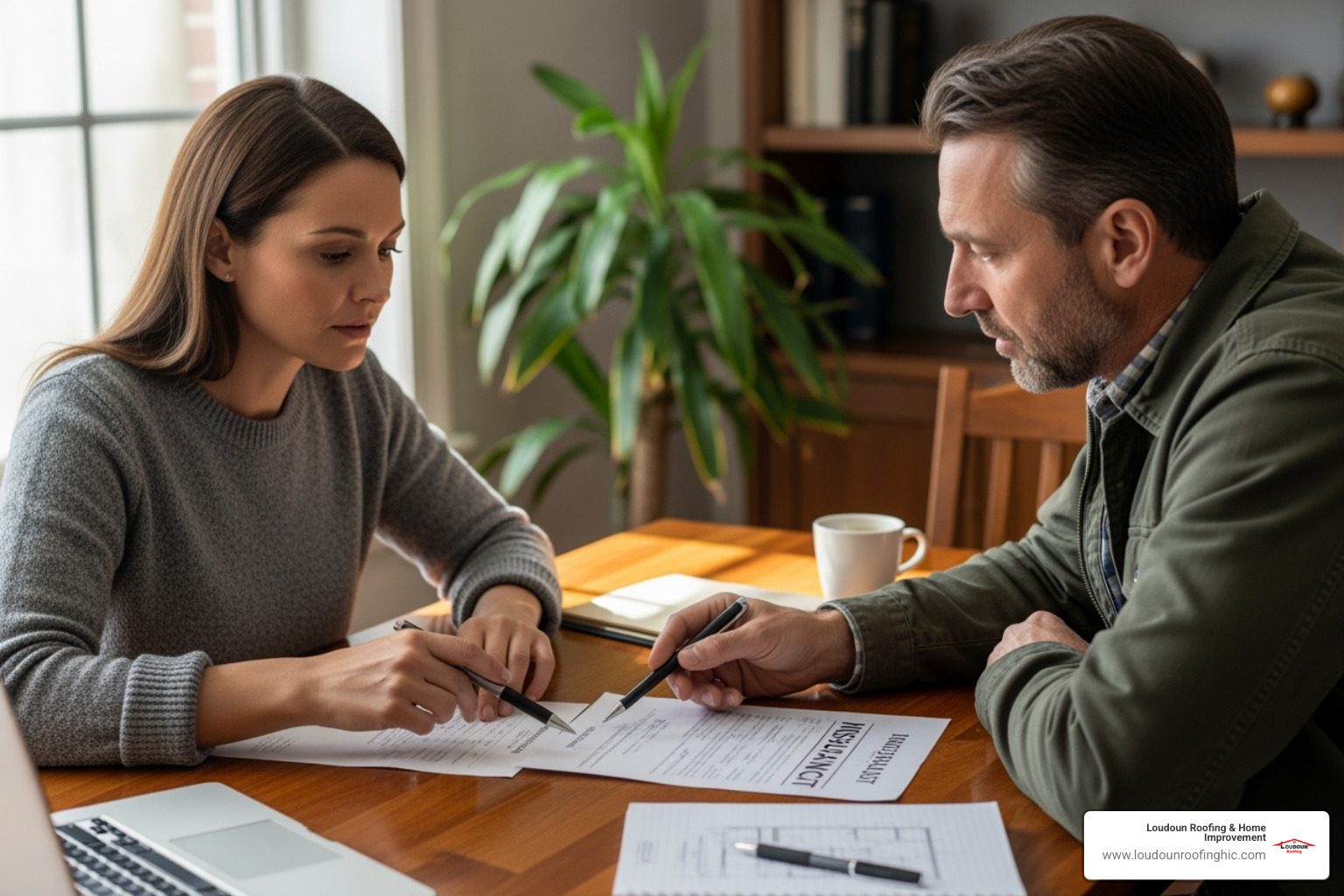 homeowner reviewing an insurance document with a contractor - certified roof inspections mclean va